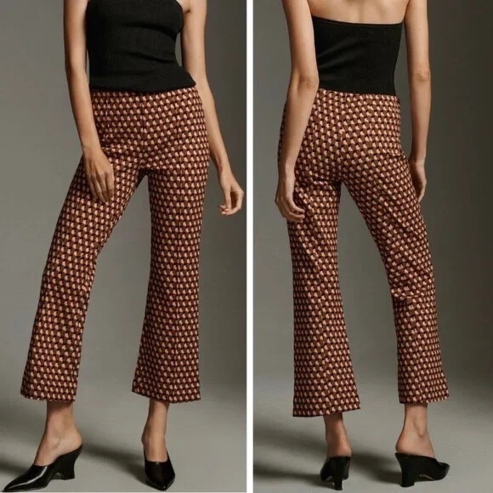 Maeve Anthropologie The Margot Kick Flare Pants Geometric Print Brown Pink XS - Picture 2 of 7